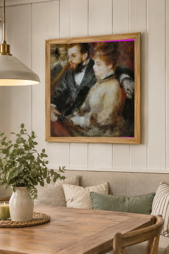 Framed print of In the Box hanging on a wall in a furnished room