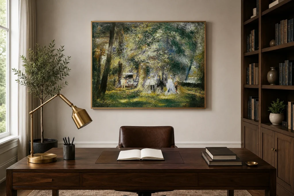 Framed print of In the Park of Saint-Cloud hanging on a wall in a furnished room