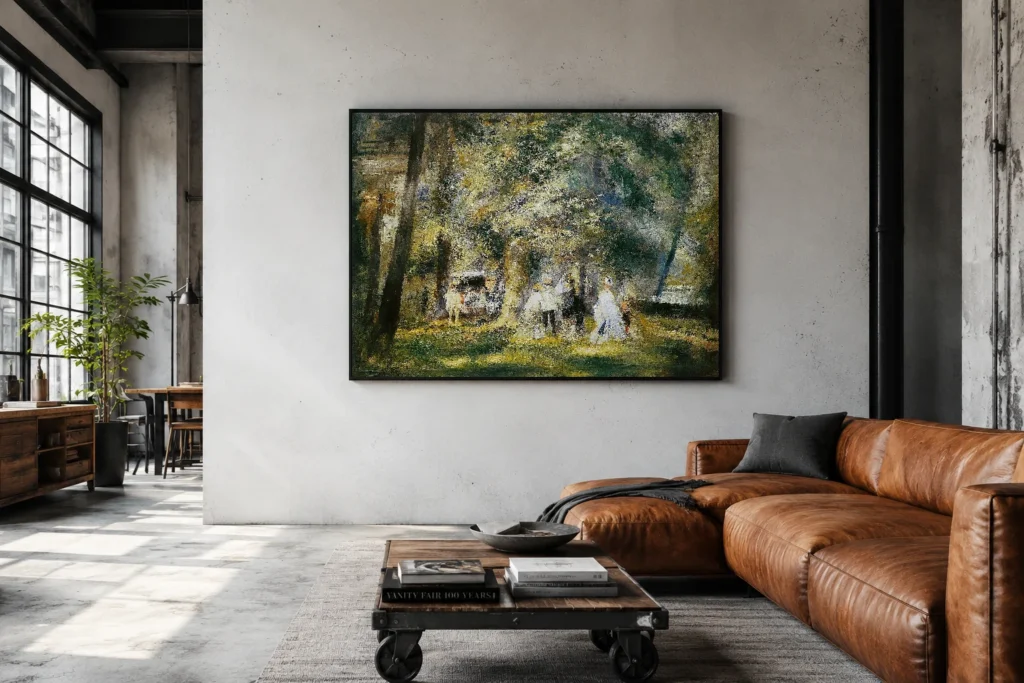 Framed print of In the Park of Saint-Cloud hanging on a wall in a furnished room