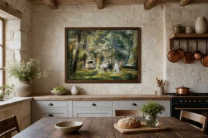 Framed print of In the Park of Saint-Cloud hanging on a wall in a furnished room