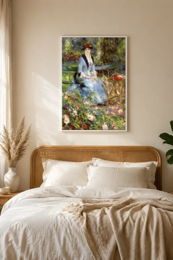 Framed print of Dans les Roses (Madame Léon Clapisson) hanging on a wall in a furnished room