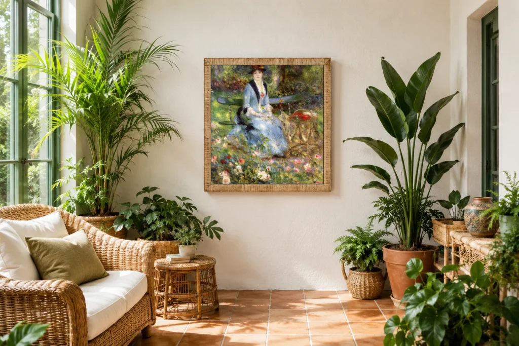 Framed print of Dans les Roses (Madame Léon Clapisson) hanging on a wall in a furnished room