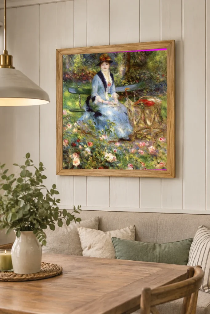 Framed print of Dans les Roses (Madame Léon Clapisson) hanging on a wall in a furnished room