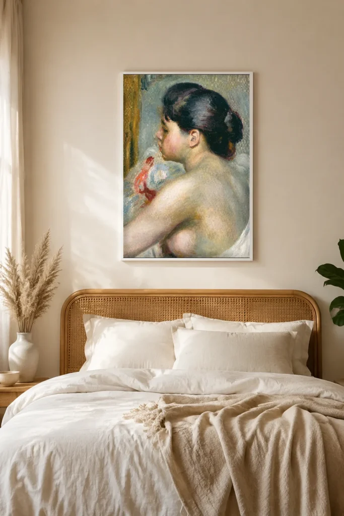 Framed print of Dark-Haired Woman hanging on a wall in a furnished room