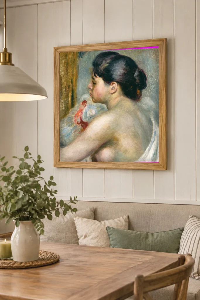 Framed print of Dark-Haired Woman hanging on a wall in a furnished room