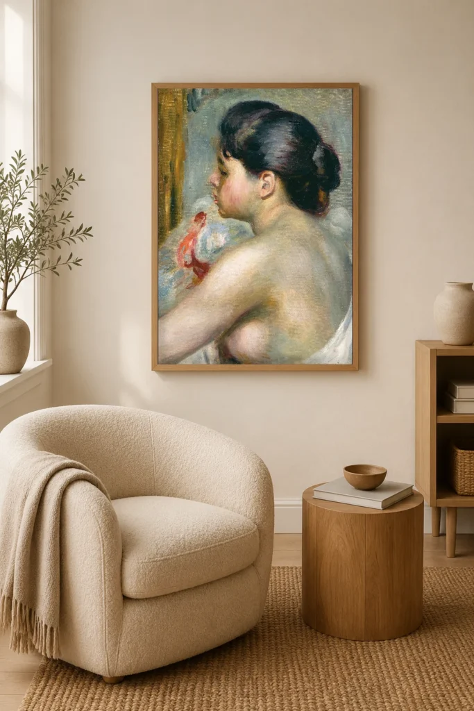 Framed print of Dark-Haired Woman hanging on a wall in a furnished room