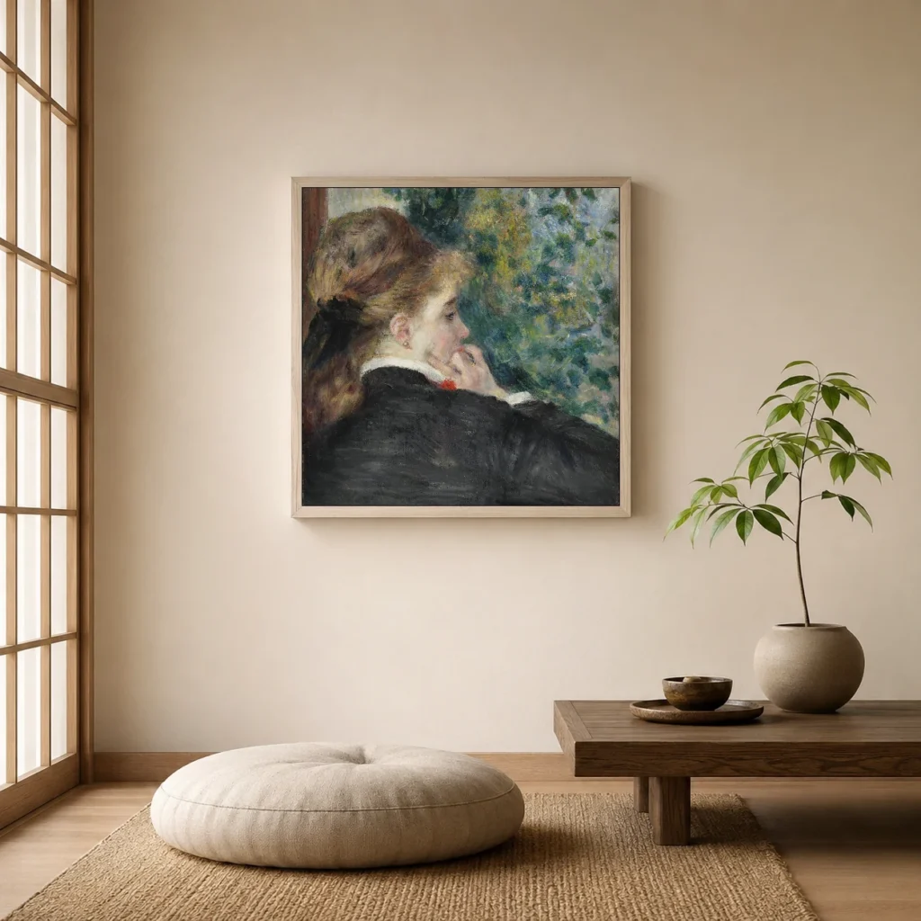 Framed print of Day Dreaming hanging on a wall in a furnished room