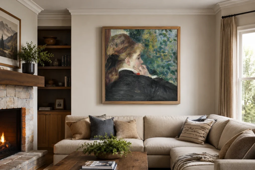 Framed print of Day Dreaming hanging on a wall in a furnished room