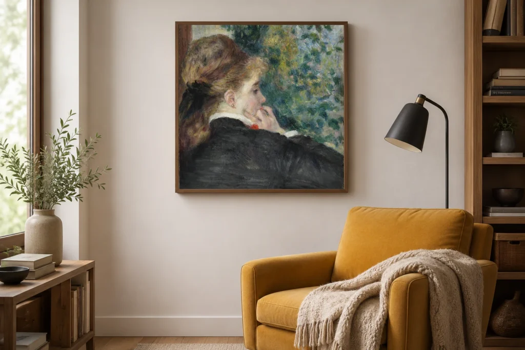 Framed print of Day Dreaming hanging on a wall in a furnished room