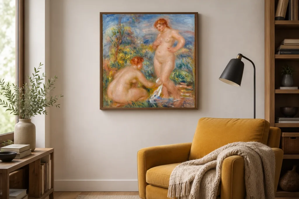 Framed print of Two Bathers hanging on a wall in a furnished room