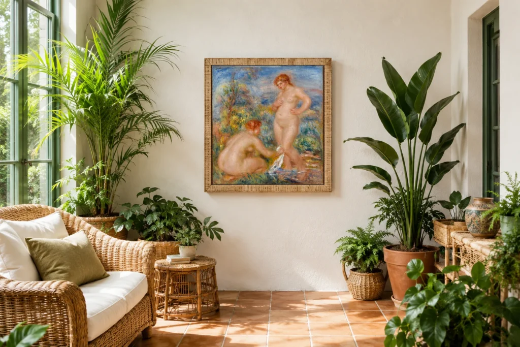 Framed print of Two Bathers hanging on a wall in a furnished room
