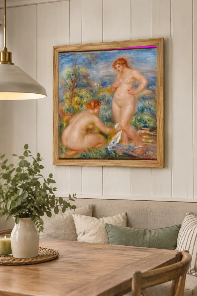 Framed print of Two Bathers hanging on a wall in a furnished room