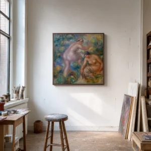 Framed print of Two Bathers hanging on a wall in a furnished room