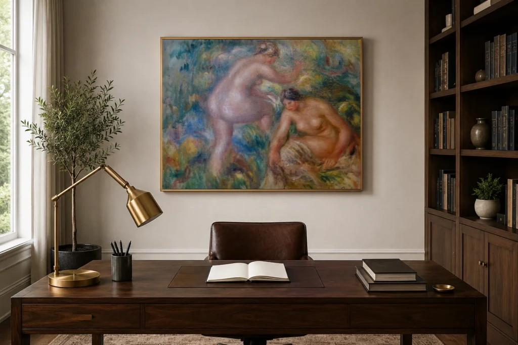 Framed print of Two Bathers hanging on a wall in a furnished room