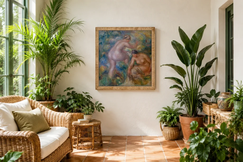 Framed print of Two Bathers hanging on a wall in a furnished room