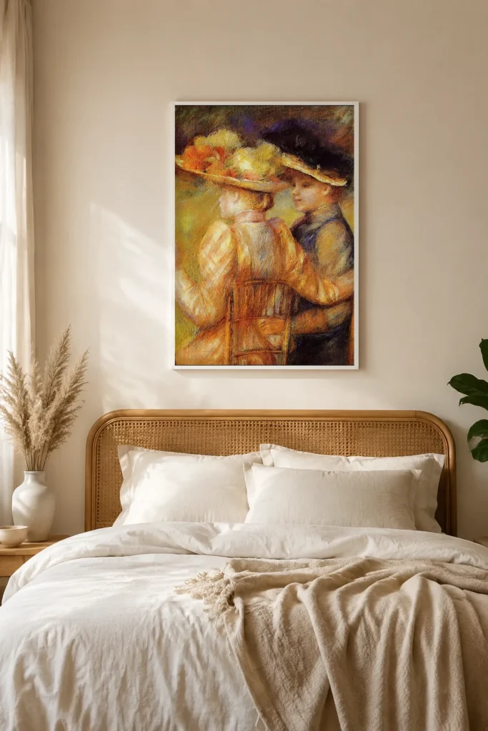 Framed print of Two Women Seated in a Garden hanging on a wall in a furnished room