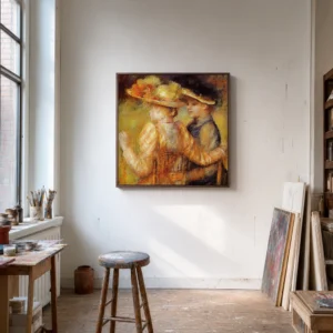 Framed print of Two Women Seated in a Garden hanging on a wall in a furnished room