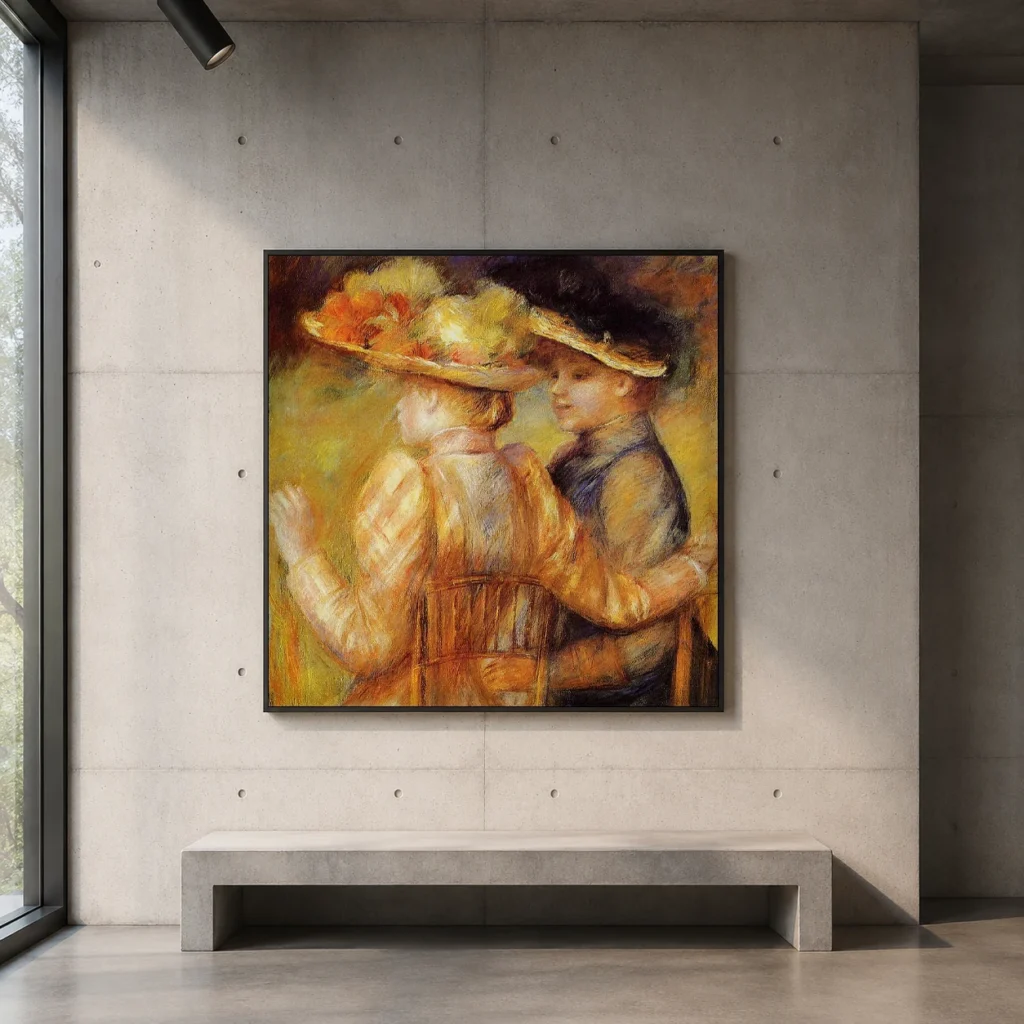 Framed print of Two Women Seated in a Garden hanging on a wall in a furnished room