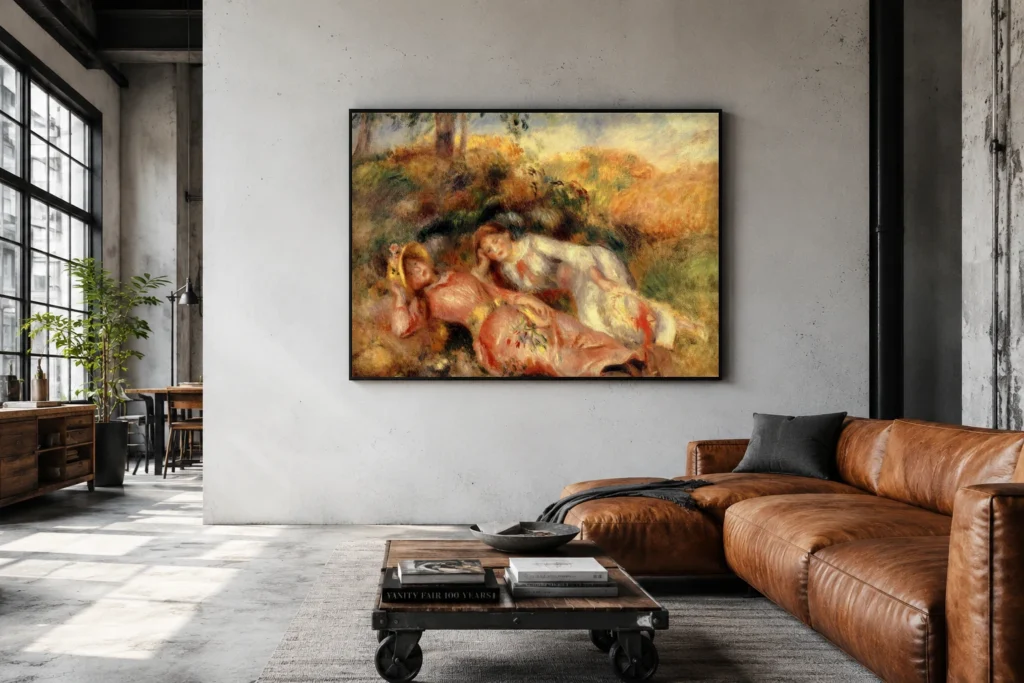Framed print of Two Women Reclining hanging on a wall in a furnished room