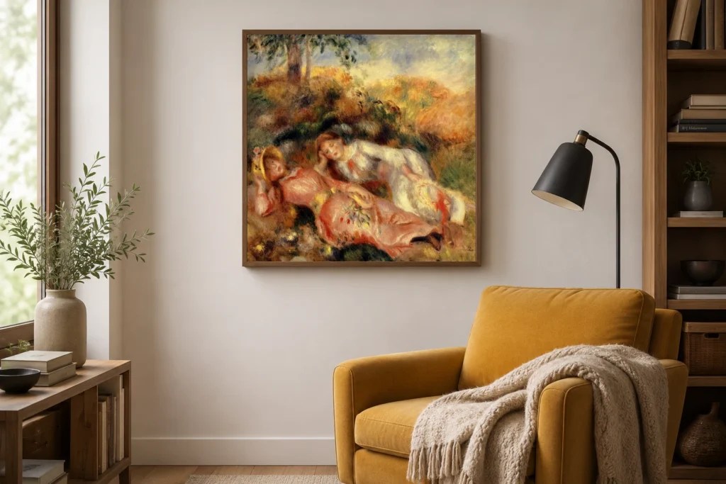 Framed print of Two Women Reclining hanging on a wall in a furnished room