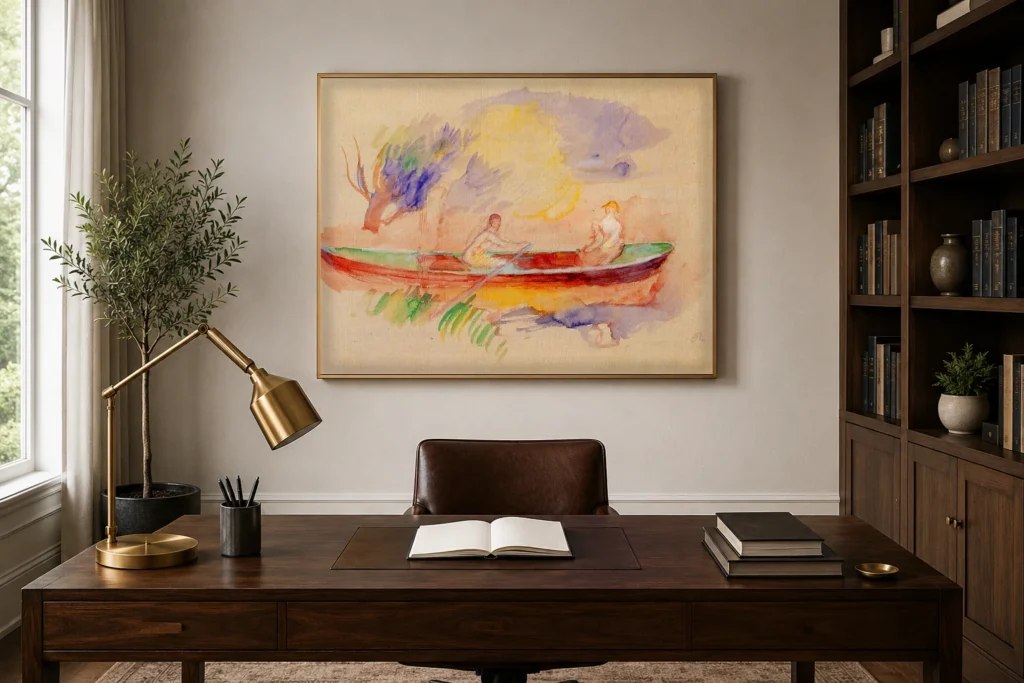 Framed print of Two Women in a Boat hanging on a wall in a furnished room