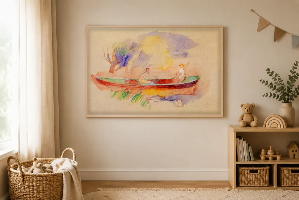 Framed print of Two Women in a Boat hanging on a wall in a furnished room