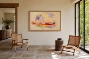 Framed print of Two Women in a Boat hanging on a wall in a furnished room