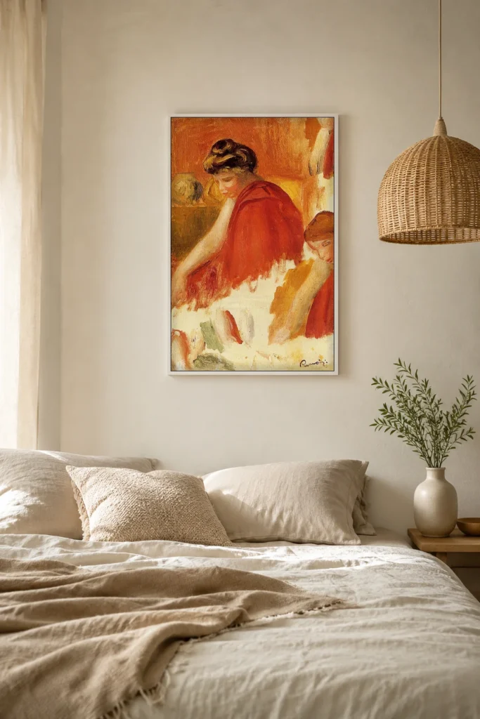 Framed print of Two Women in Red Dresses, Sketch hanging on a wall in a furnished room