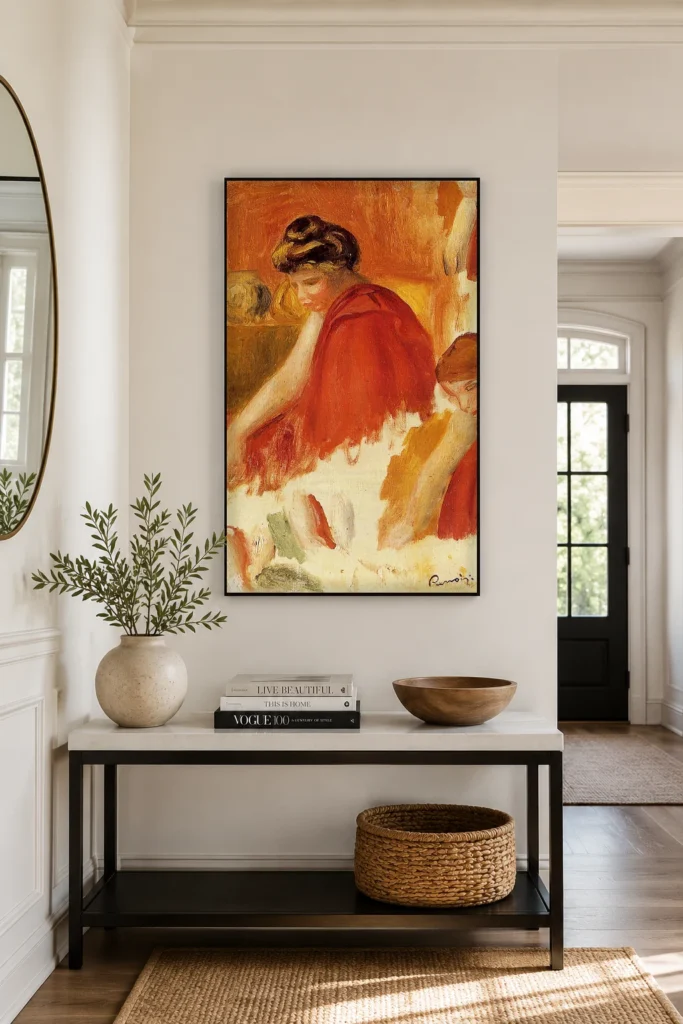 Framed print of Two Women in Red Dresses, Sketch hanging on a wall in a furnished room