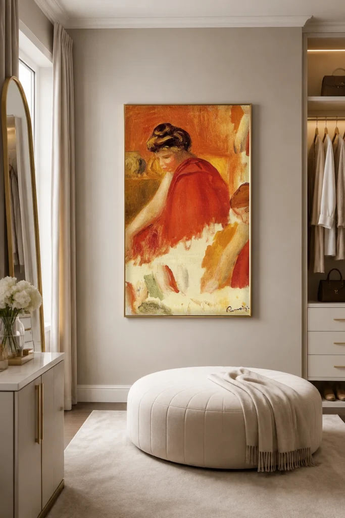 Framed print of Two Women in Red Dresses, Sketch hanging on a wall in a furnished room