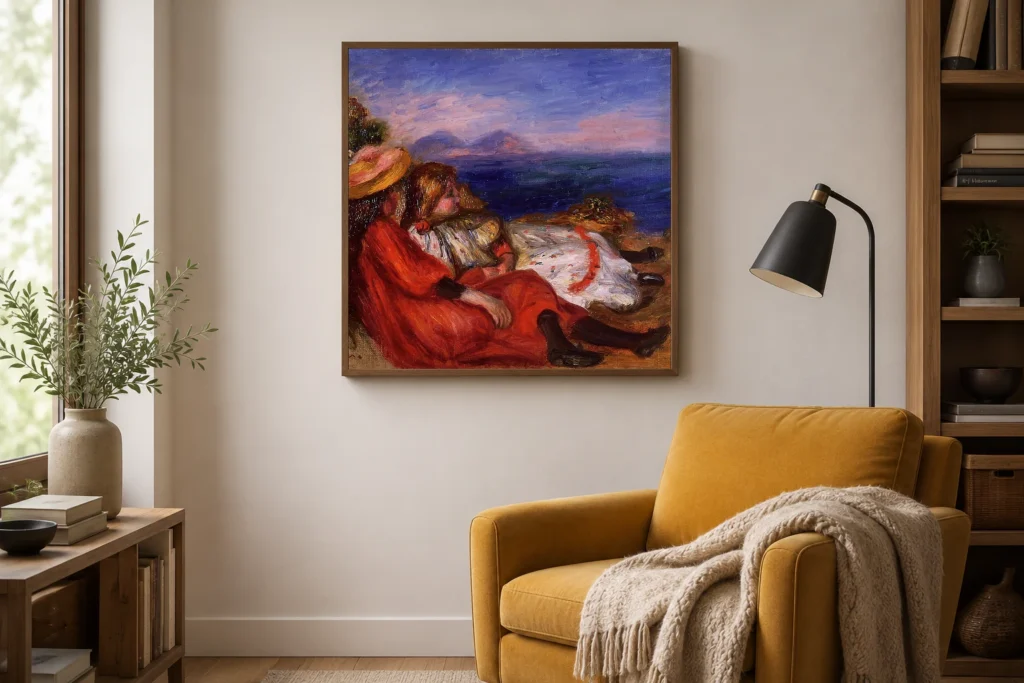 Framed print of Two Little Girls on the Beach hanging on a wall in a furnished room