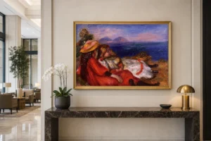 Framed print of Two Little Girls on the Beach hanging on a wall in a furnished room