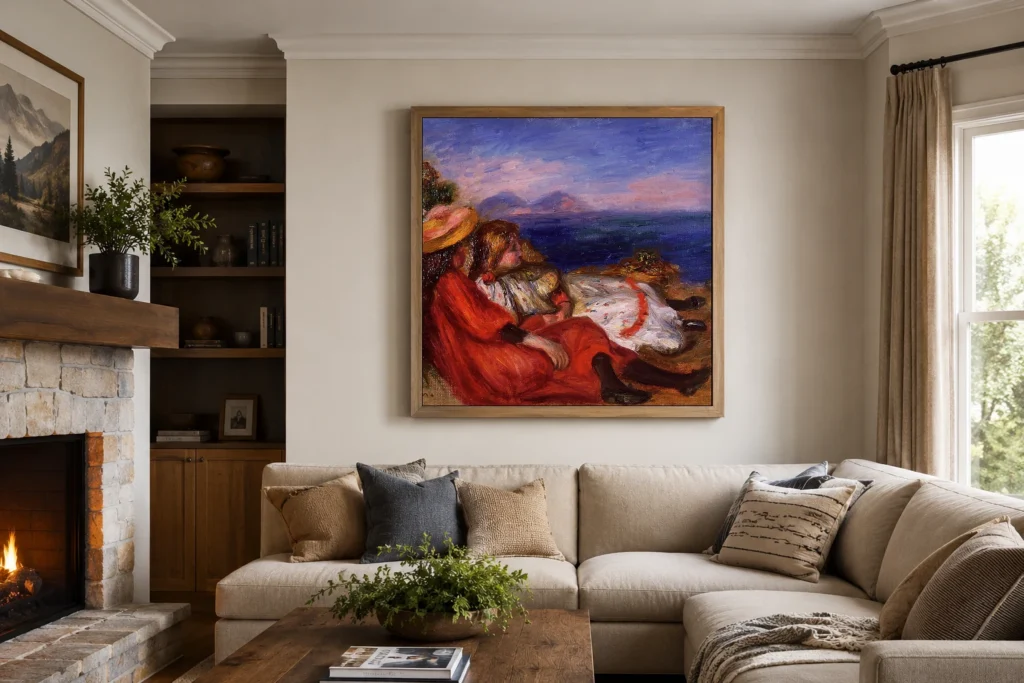 Framed print of Two Little Girls on the Beach hanging on a wall in a furnished room