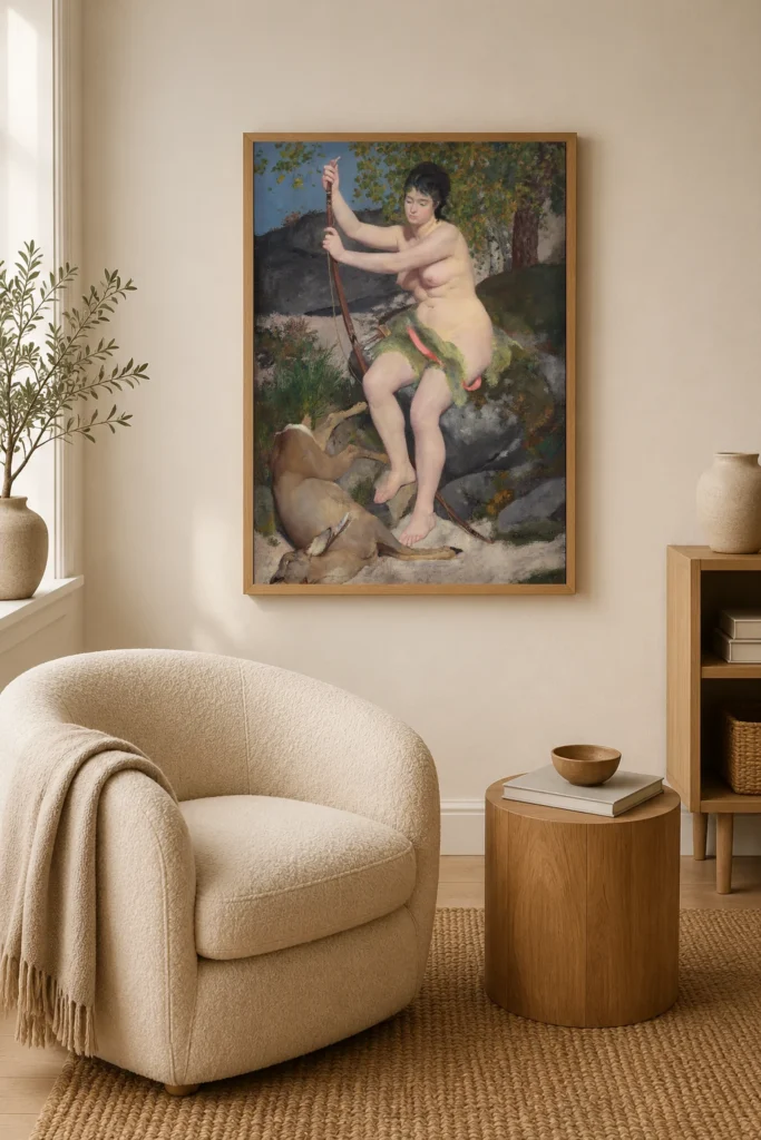 Framed print of Diana hanging on a wall in a furnished room