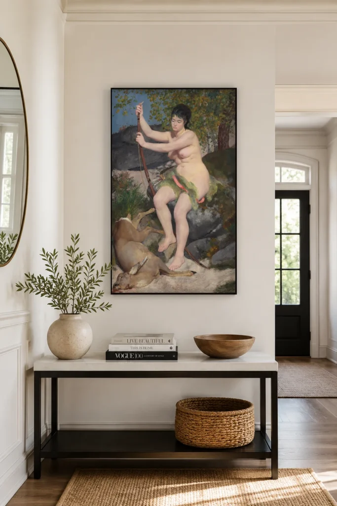 Framed print of Diana hanging on a wall in a furnished room