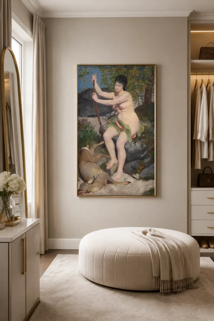 Framed print of Diana hanging on a wall in a furnished room