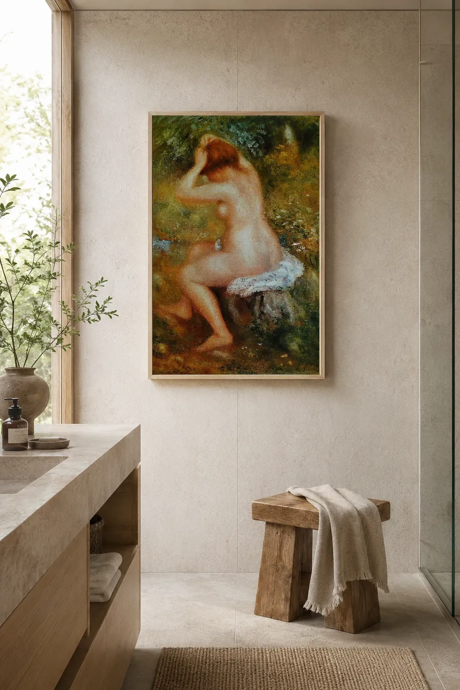 Framed print of A Bather hanging on a wall in a furnished room