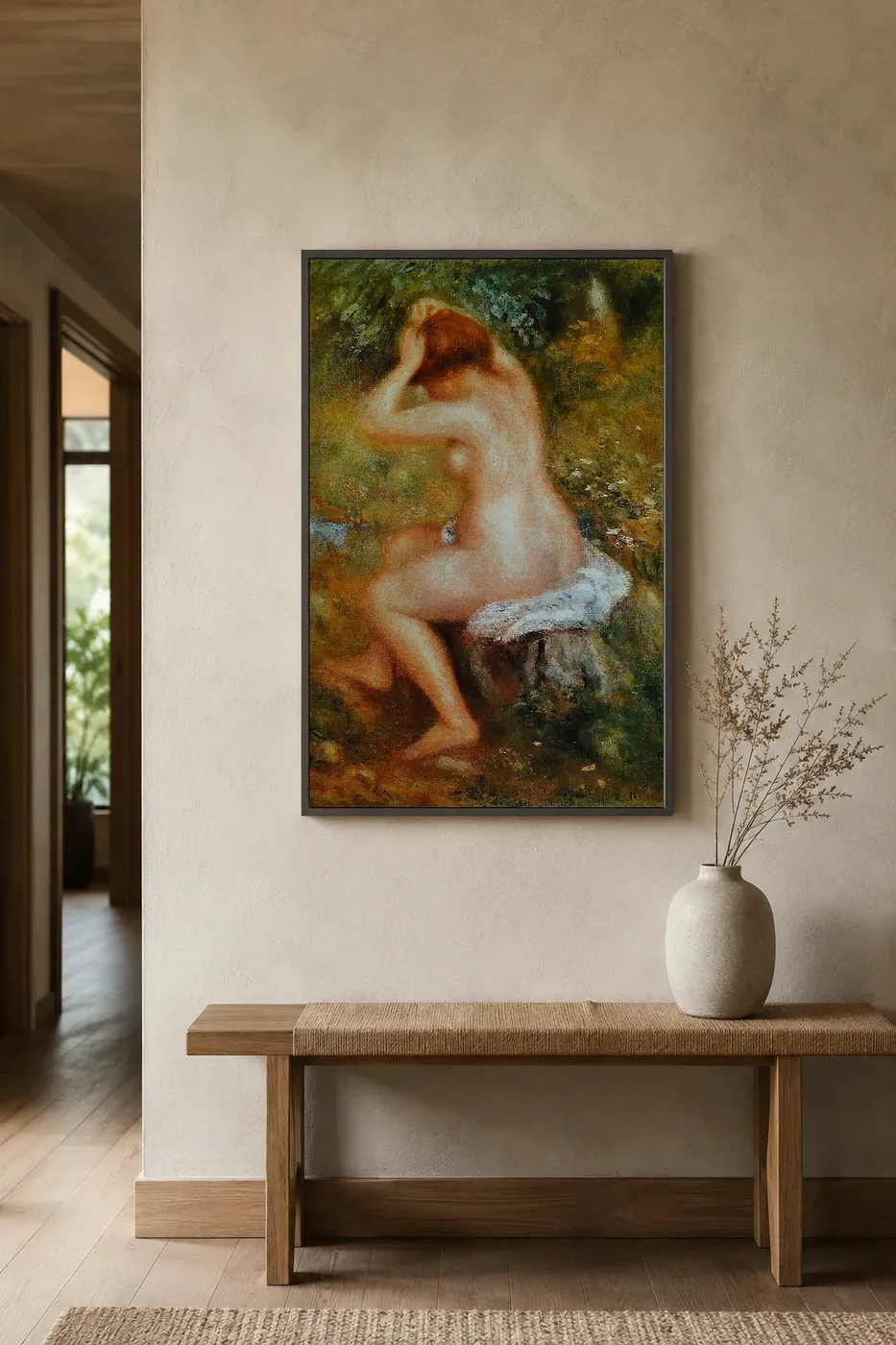 Framed print of A Bather hanging on a wall in a furnished room