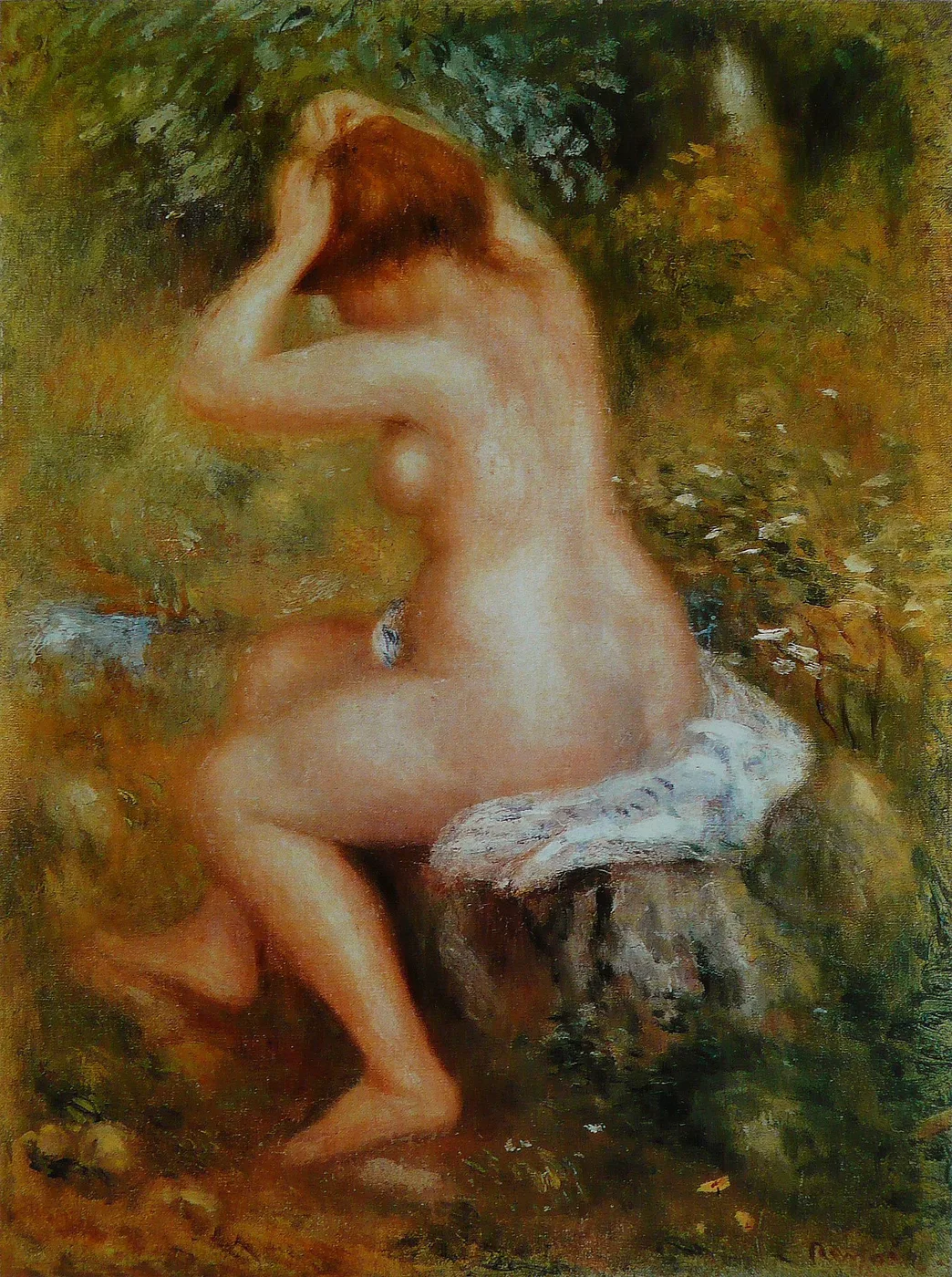 A nude bather seen from behind sits on a mossy tree stump gathering her auburn hair, surrounded by green and gold woodland foliage