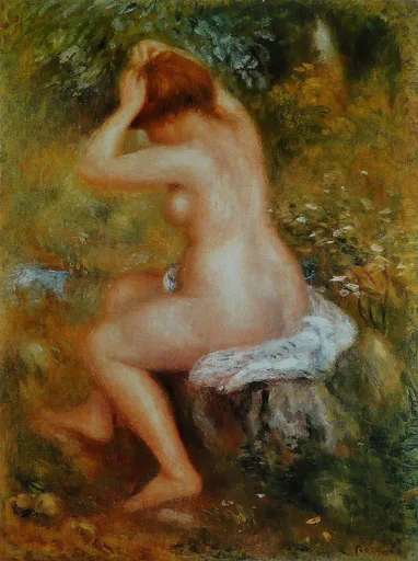 A nude bather seen from behind sits on a mossy tree stump gathering her auburn hair, surrounded by green and gold woodland foliage