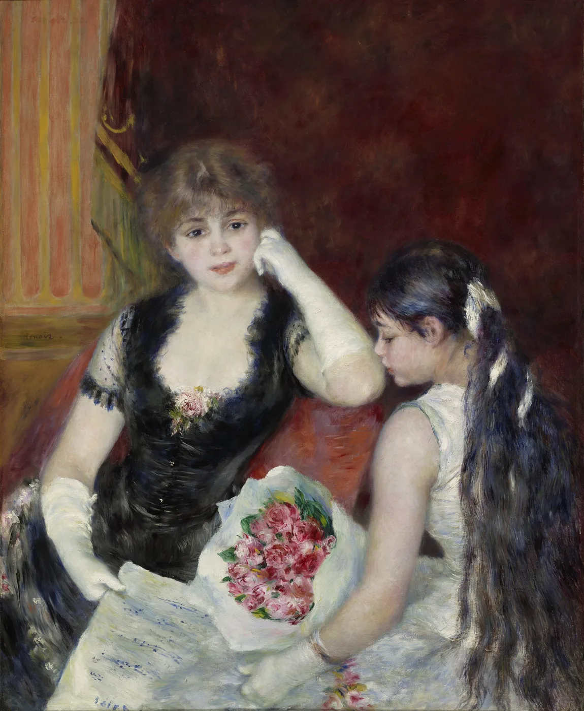 A woman in a black lace gown with white gloves beside a girl with long dark hair holding a bouquet of pink roses, against a deep red backdrop