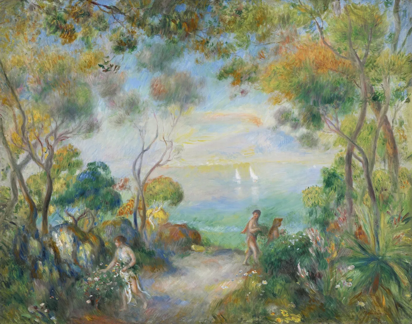 A sunlit garden framed by leafy trees opens onto a hazy sea with small white sailboats, two figures gathering flowers on a path down to the shore.