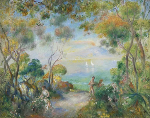 A sunlit garden framed by leafy trees opens onto a hazy sea with small white sailboats, two figures gathering flowers on a path down to the shore.