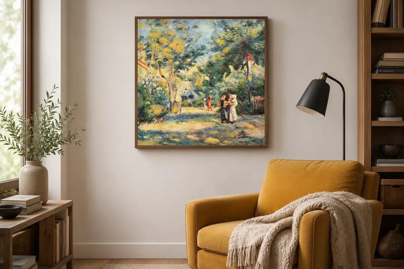 Framed print of A Garden in Montmartre hanging on a wall in a furnished room