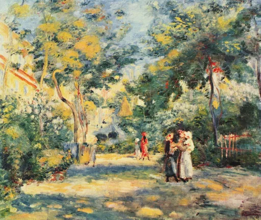 Small figures stroll a sunlit garden path beneath tall leafy trees near a house, in bright green, gold, and blue tones