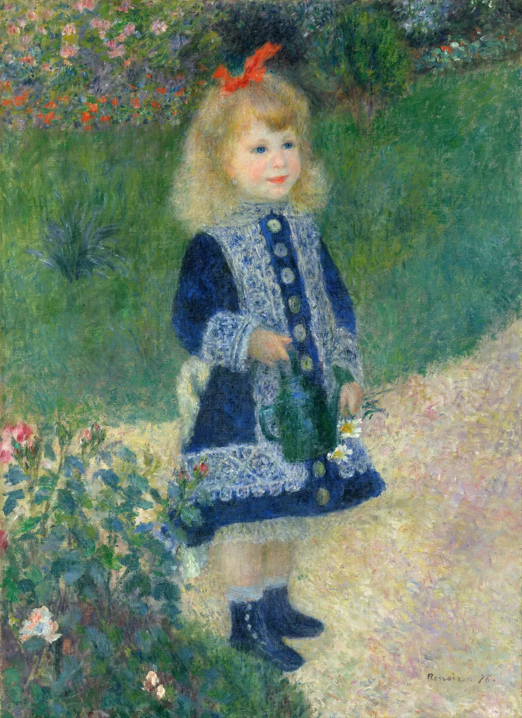 A blonde girl with a red hair ribbon holding a green watering can on a garden path, in deep blue, green, and cream