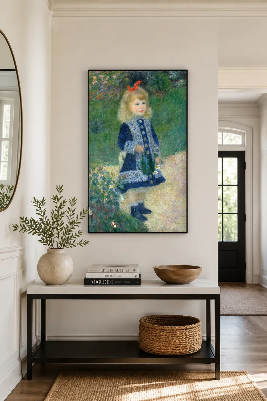 Framed print of A Girl with a Watering Can hanging on a wall in a furnished room
