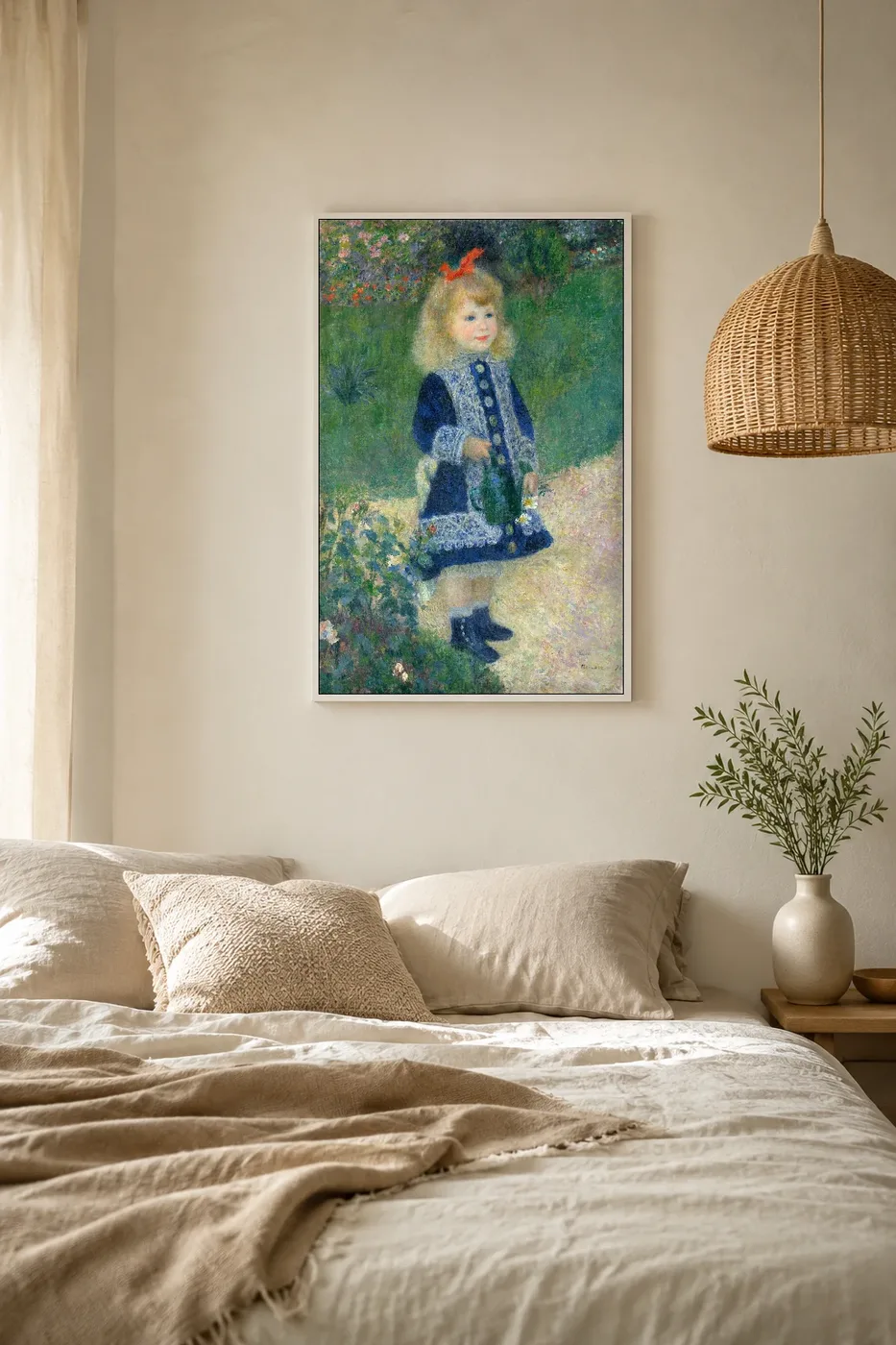 Framed print of A Girl with a Watering Can hanging on a wall in a furnished room