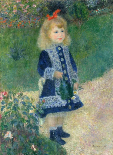 A blonde girl with a red hair ribbon holding a green watering can on a garden path, in deep blue, green, and cream