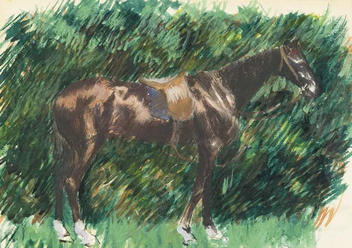 A dark bay horse with white-socked legs and a blaze, saddled and standing in profile, drawn with dense green cross-hatched foliage filling the background.
